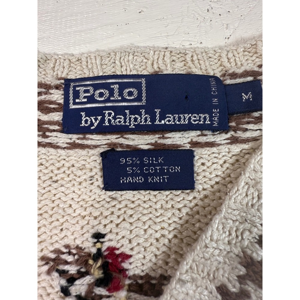 Rare VTG Polo Ralph Lauren Sz MHorses Jockey Hand Knit Beige V Neck Silk Cotton - Picture 4 of 8